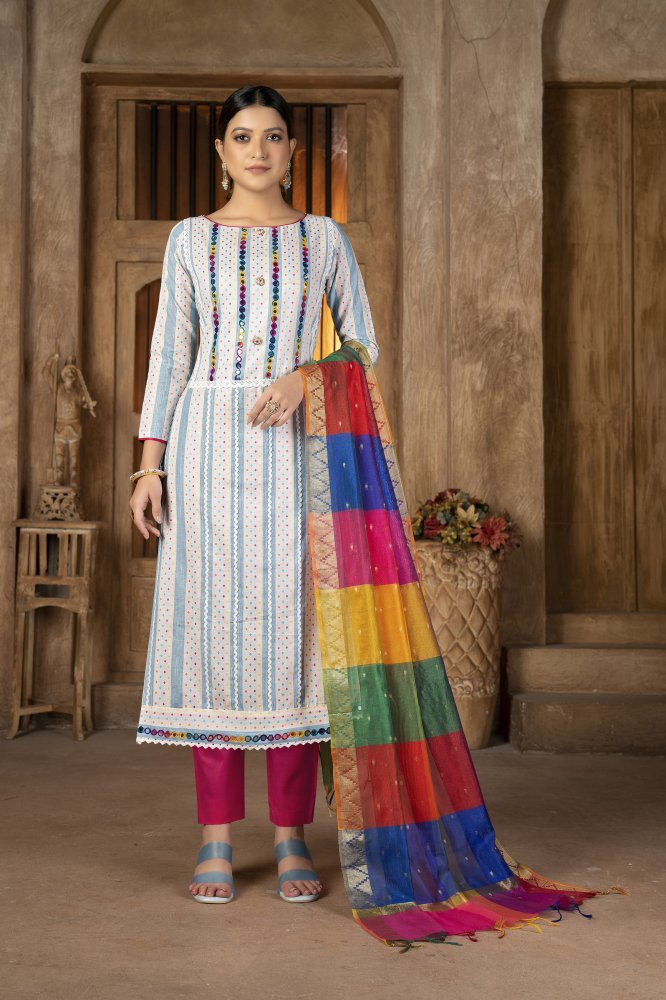Multi-Colored Cambric Cotton Embroidered Party Festival Pant Salwar Kameez