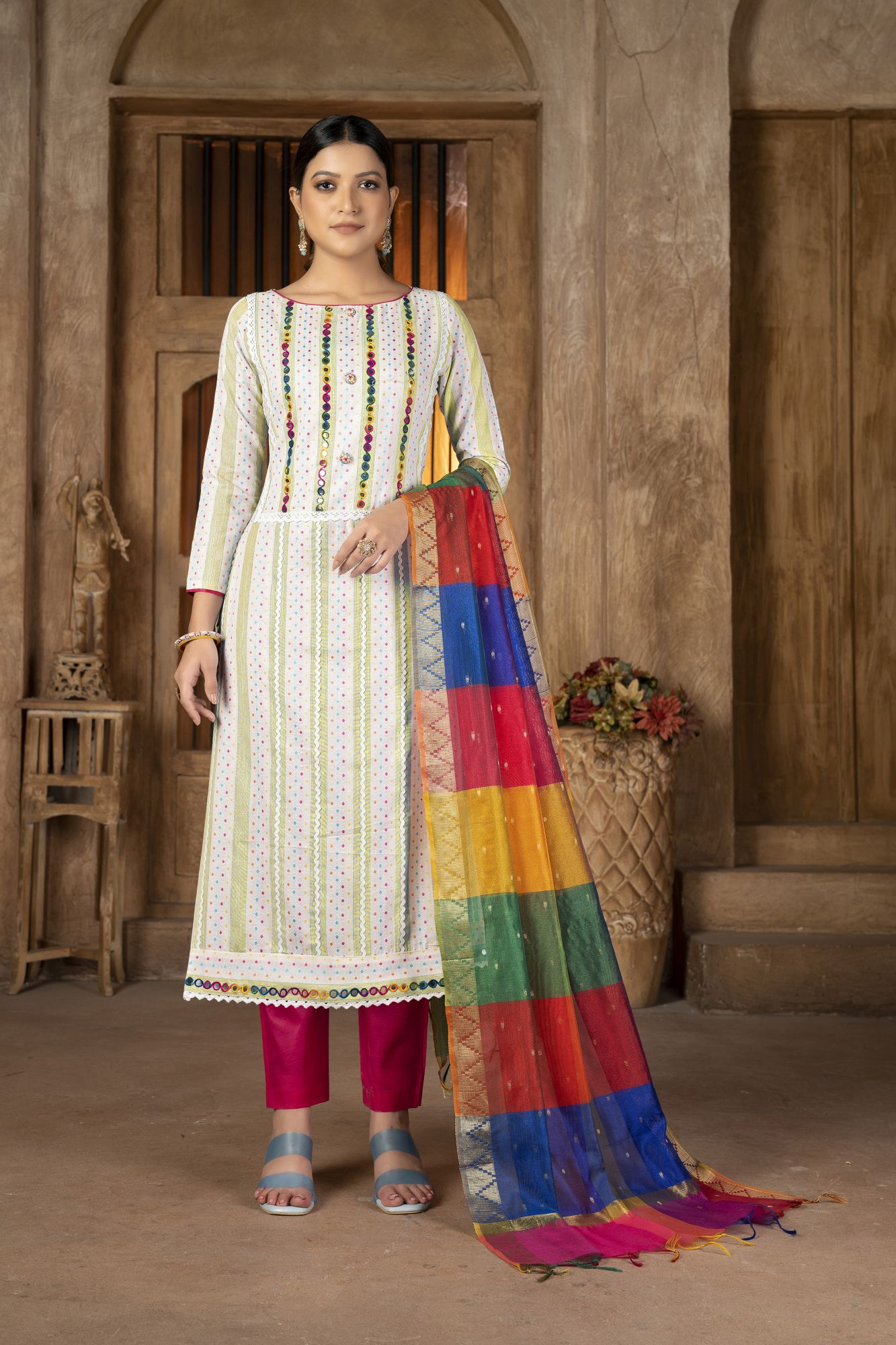 Multi-Colored Cambric Cotton Embroidered Party Festival Pant Salwar Kameez