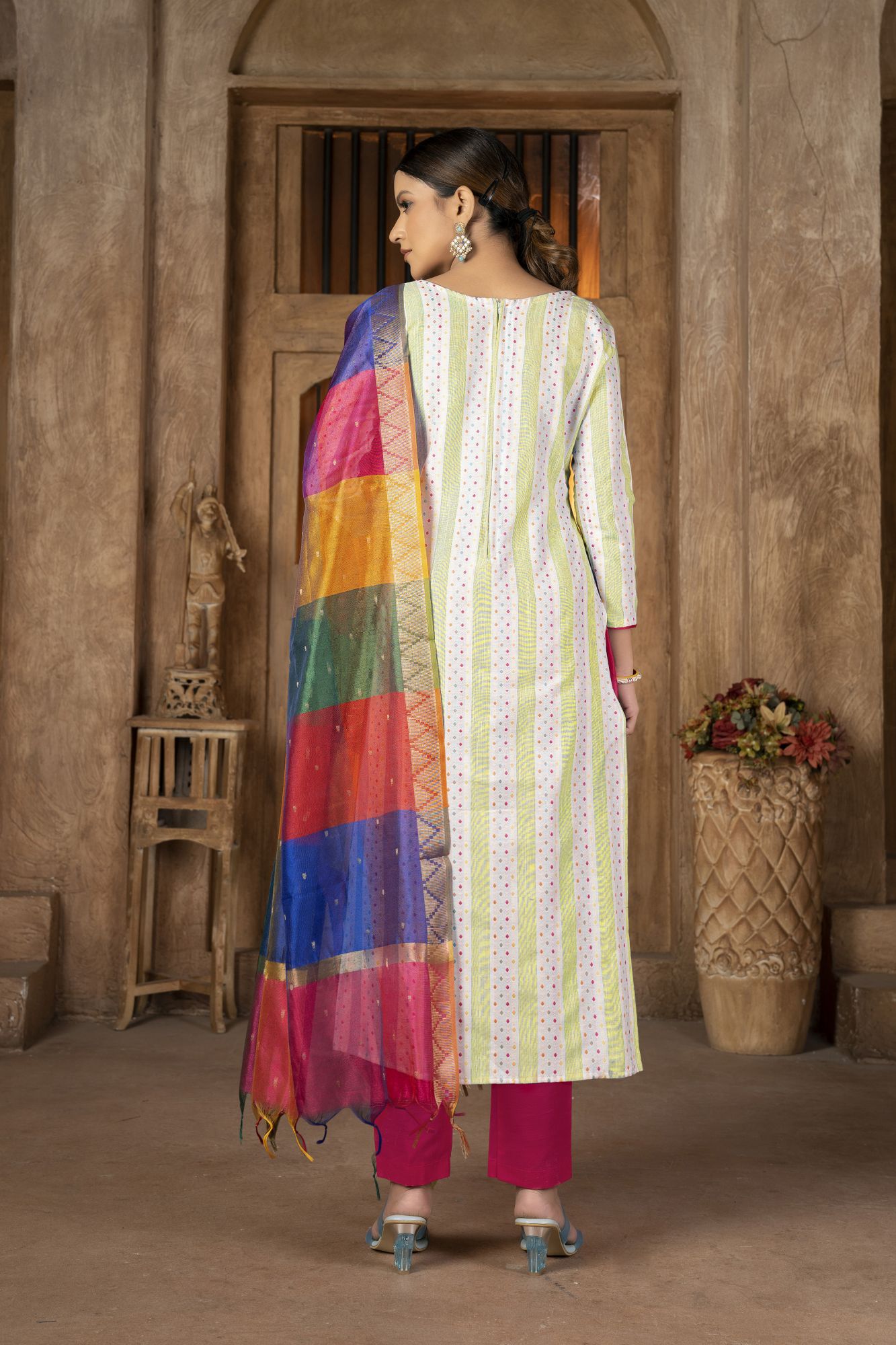 Multi-Colored Cambric Cotton Embroidered Party Festival Pant Salwar Kameez