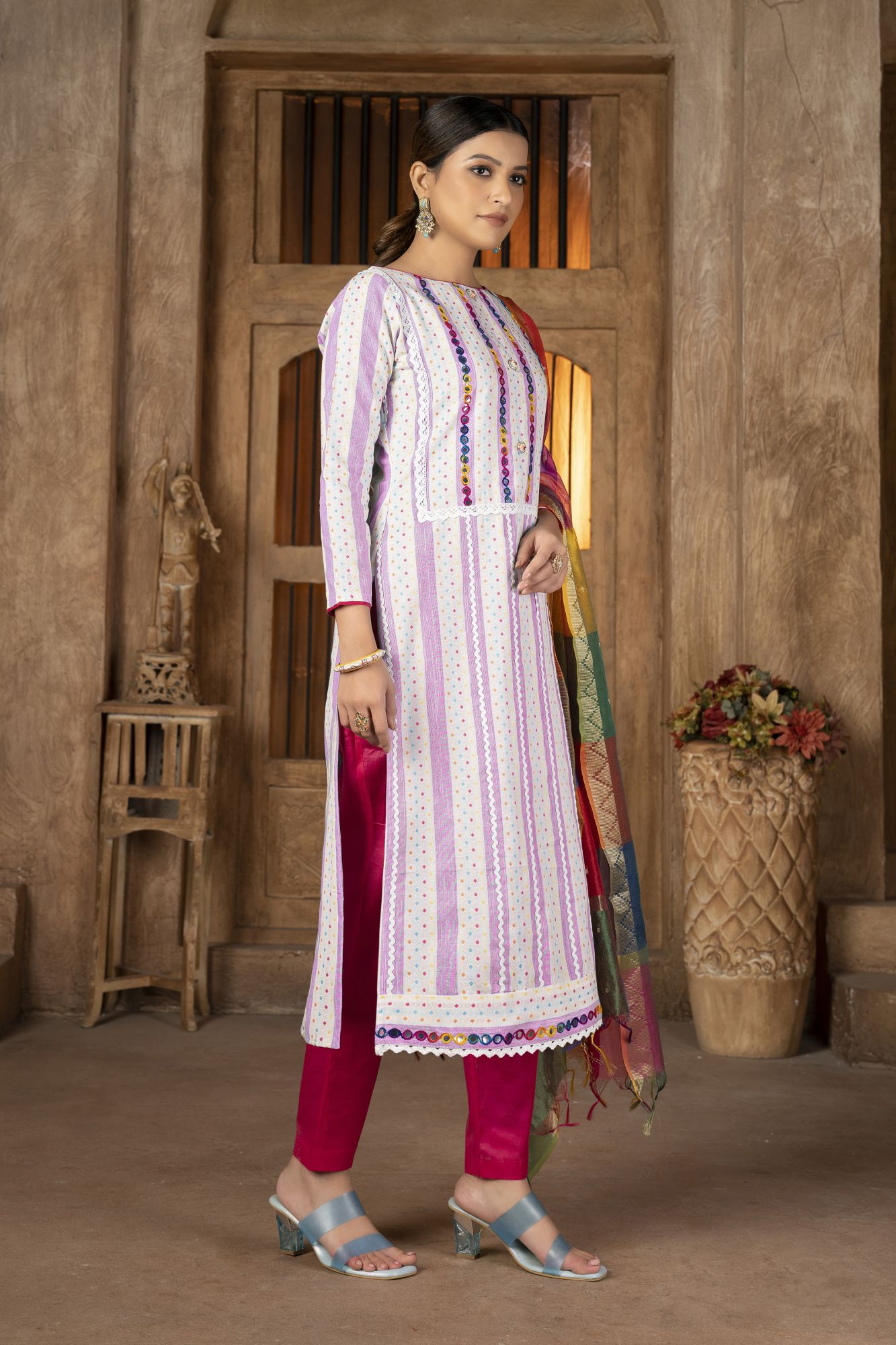 Multi-Colored Cambric Cotton Embroidered Party Festival Pant Salwar Kameez