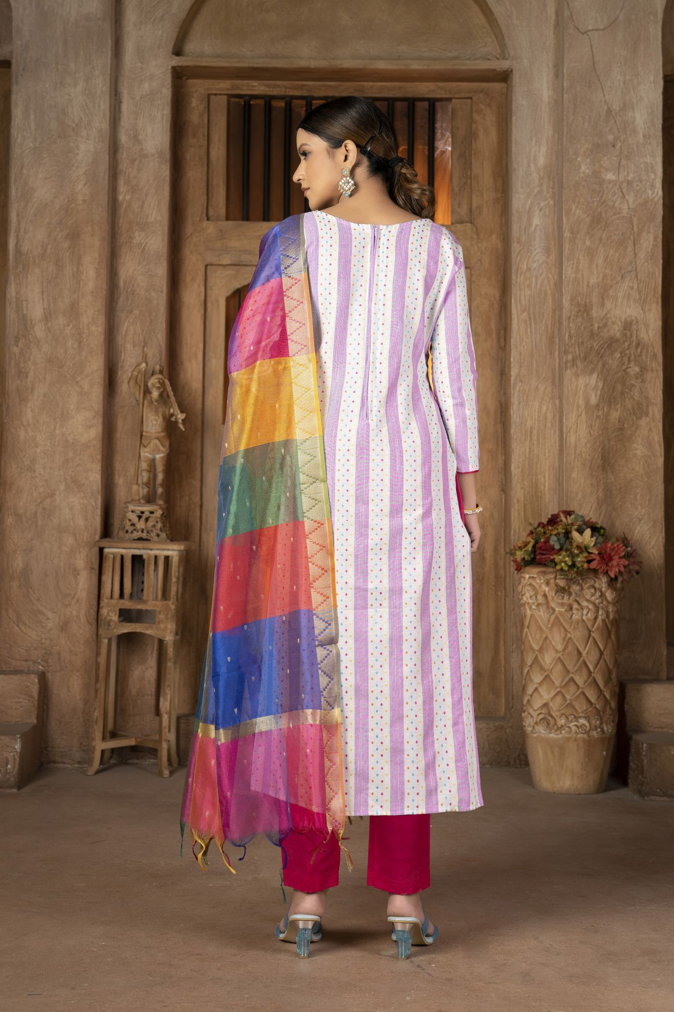 Multi-Colored Cambric Cotton Embroidered Party Festival Pant Salwar Kameez