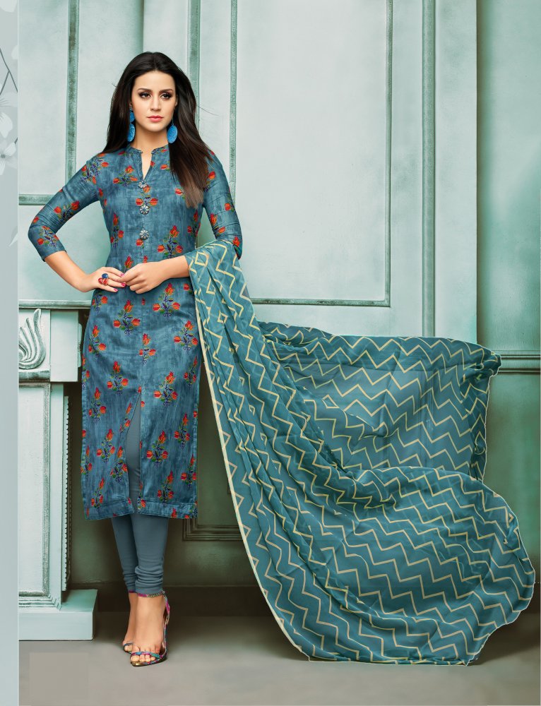 Multi-Colored Chanderi Cotton Printed Casual Party Churidar Salwar Kameez