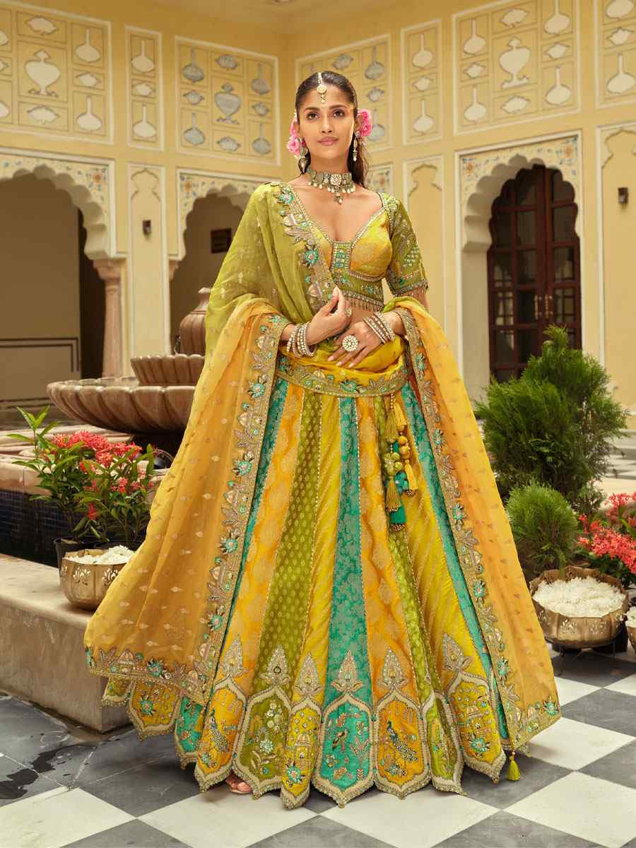 Multi Colour Heavy Pure Silk Embroidered Wedding Reception Festival Heavy Border Lehenga Choli