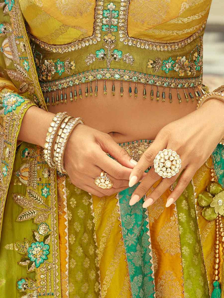 Multi Colour Heavy Pure Silk Embroidered Wedding Reception Festival Heavy Border Lehenga Choli