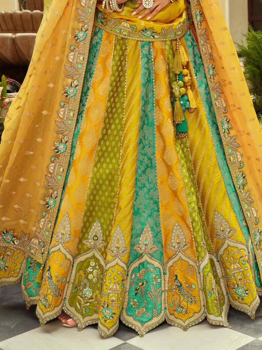 Multi Colour Heavy Pure Silk Embroidered Wedding Reception Festival Heavy Border Lehenga Choli