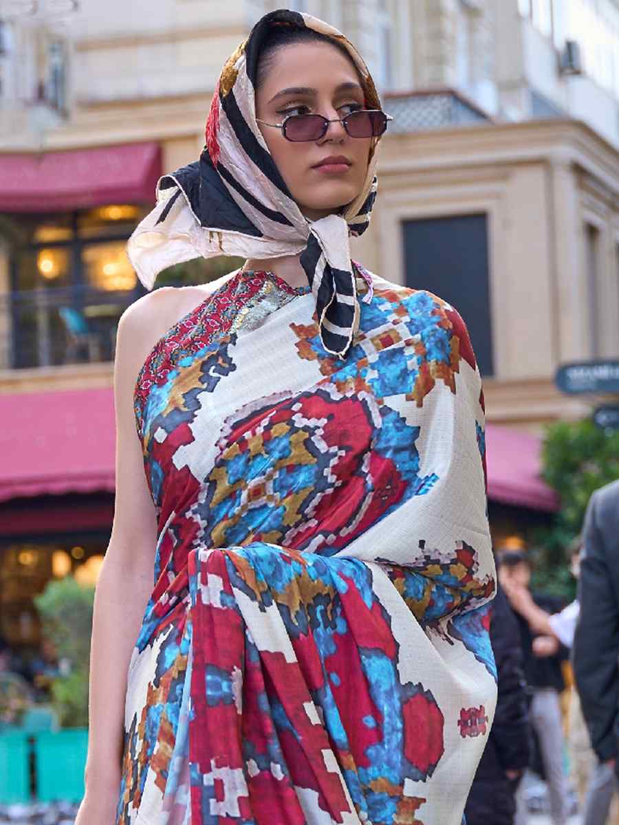 Multi Colour White Pure Crepe Silk Printed Casual Festival Contemporary Saree