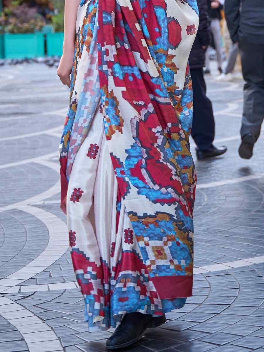 Multi Colour White Pure Crepe Silk Printed Casual Festival Contemporary Saree