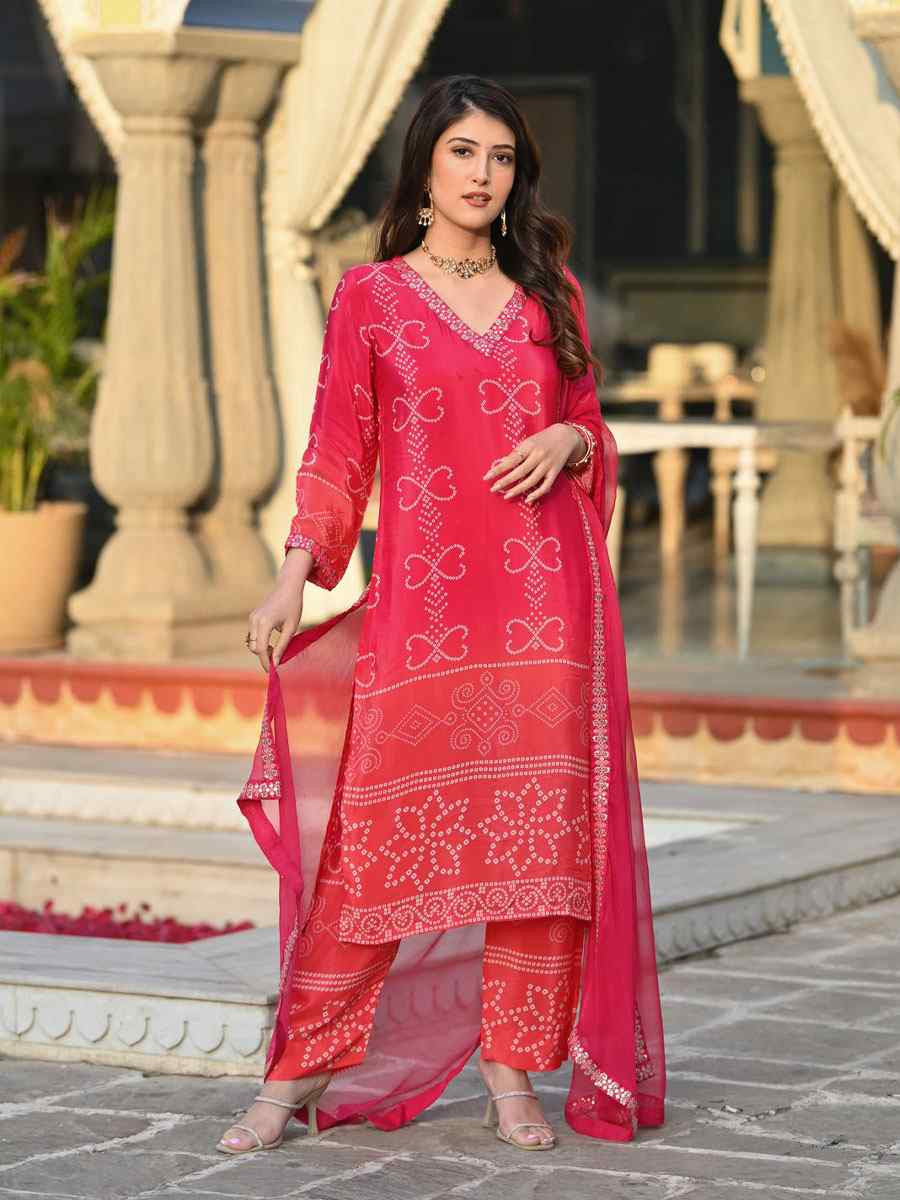 Multi-Coloured Chinon Silk Embroidery Printed Party Wedding Festival Casual Ready Pant Salwar Kameez