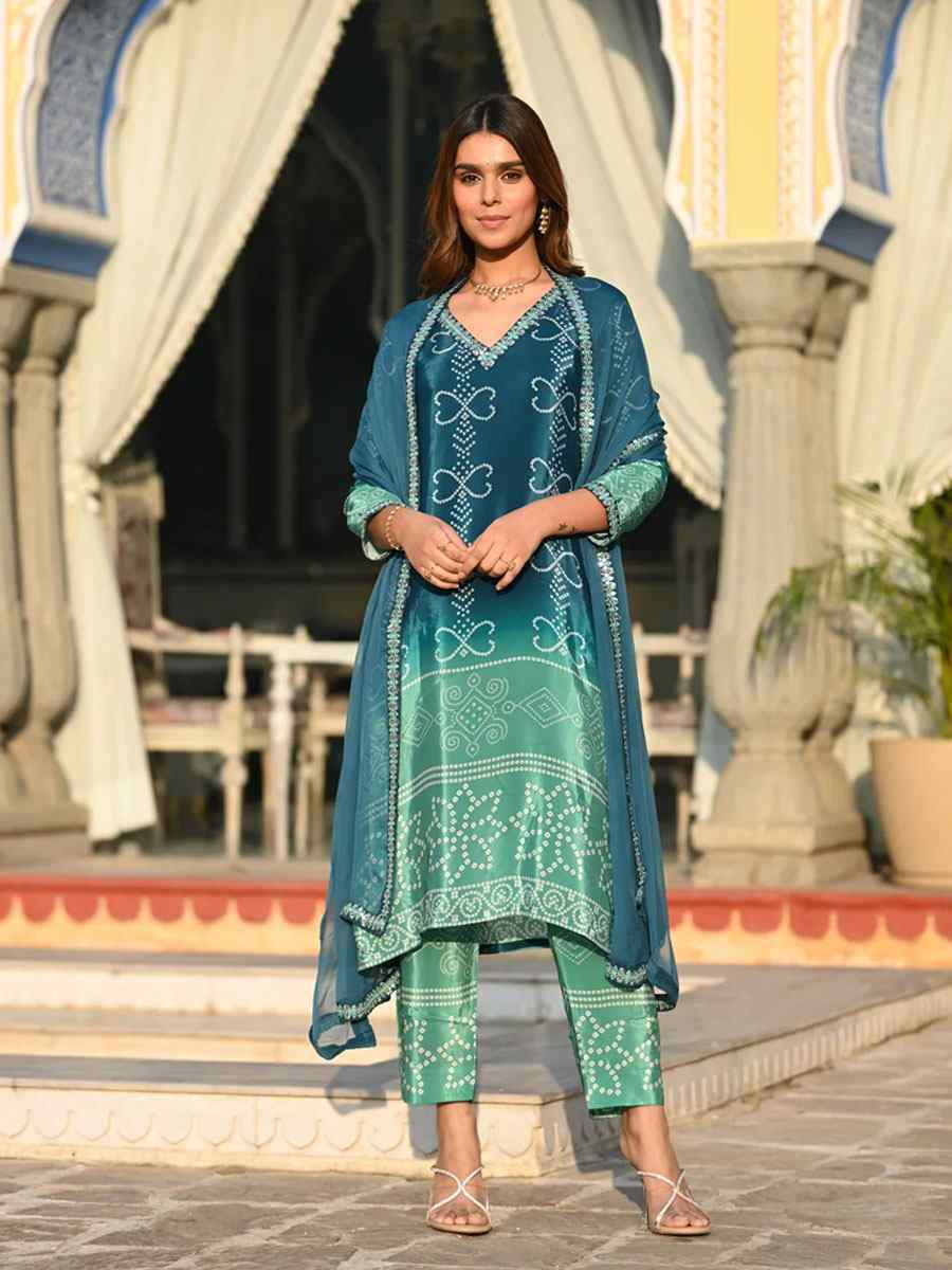 Multi-Coloured Chinon Silk Embroidery Printed Party Wedding Festival Casual Ready Pant Salwar Kameez