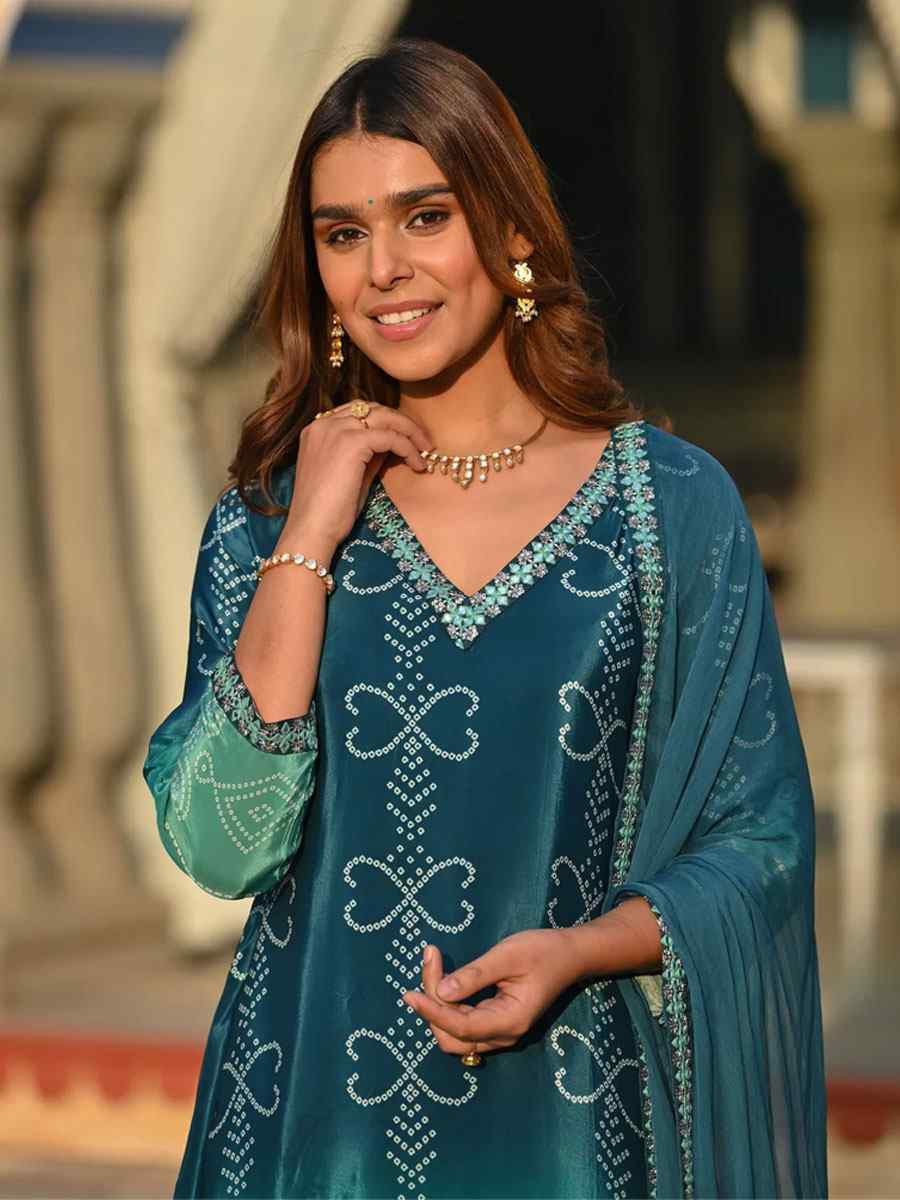 Multi-Coloured Chinon Silk Embroidery Printed Party Wedding Festival Casual Ready Pant Salwar Kameez