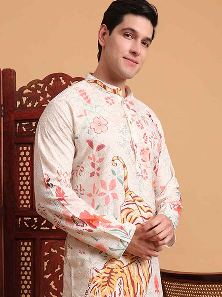 Multi Cotton Embroidered Festival Mehendi Kurta