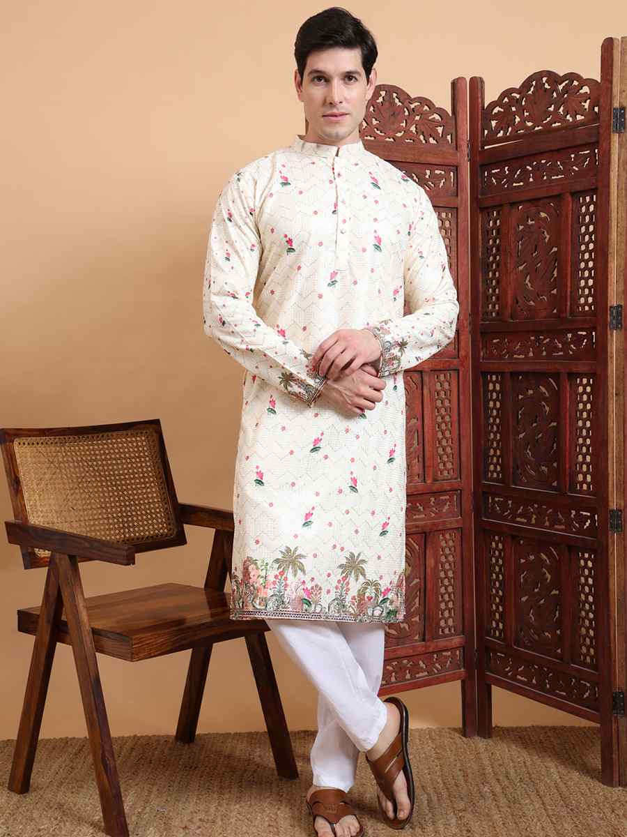 Multi Cotton Embroidered Festival Mehendi Kurta