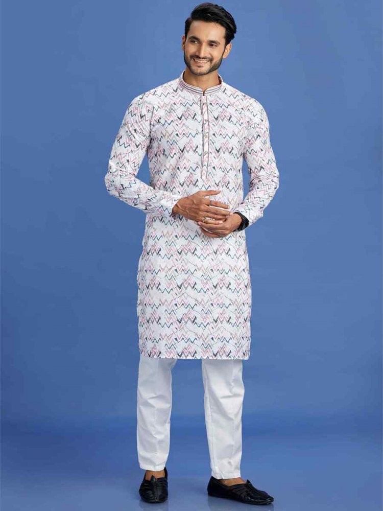 Multi Cotton Embroidered Festival Party Kurta