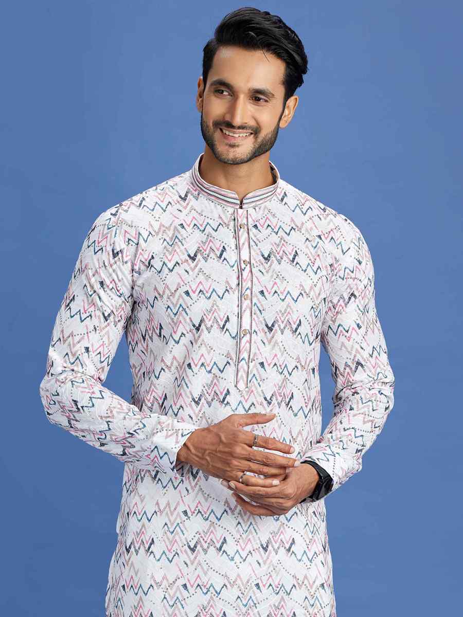 Multi Cotton Embroidered Festival Party Kurta