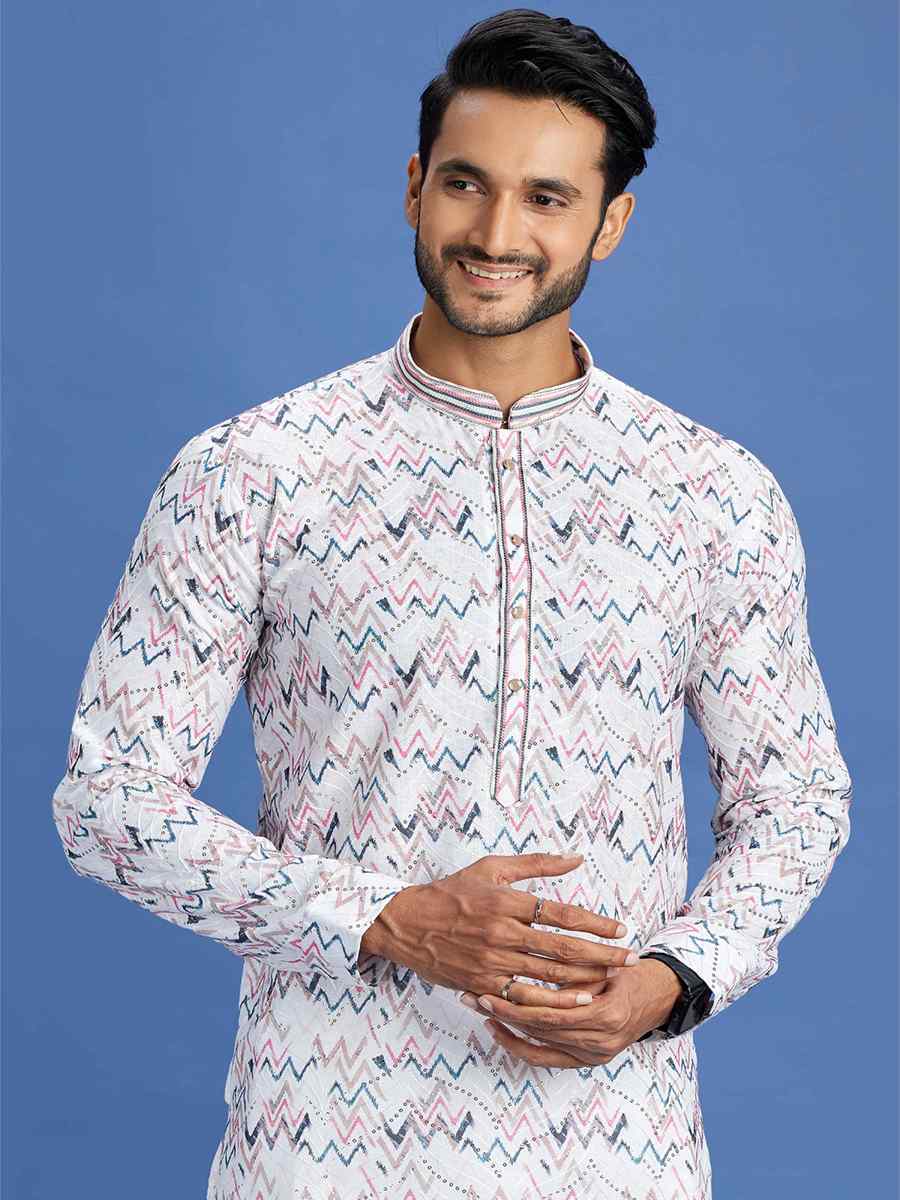 Multi Cotton Embroidered Festival Party Kurta