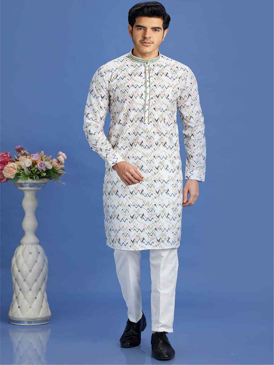 Multi Cotton Embroidered Festival Party Kurta