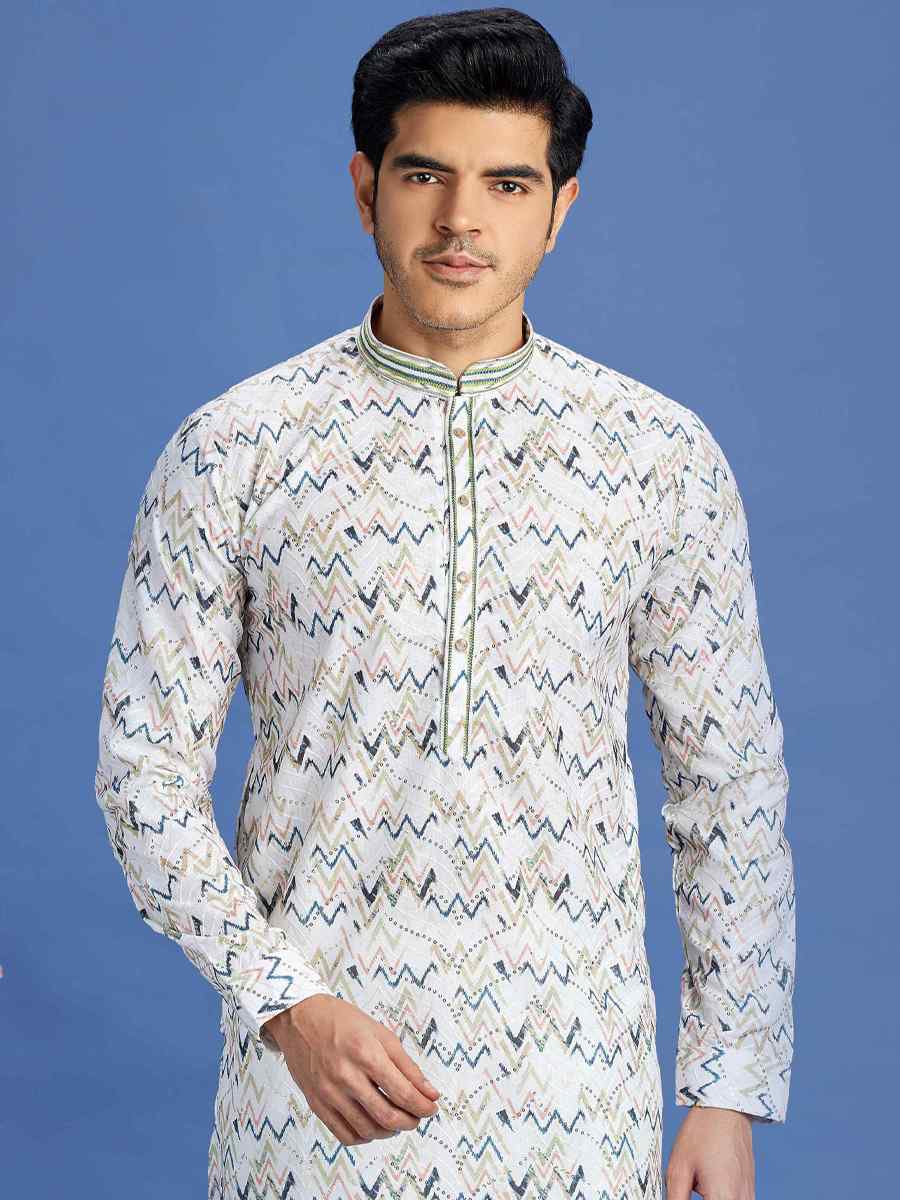 Multi Cotton Embroidered Festival Party Kurta
