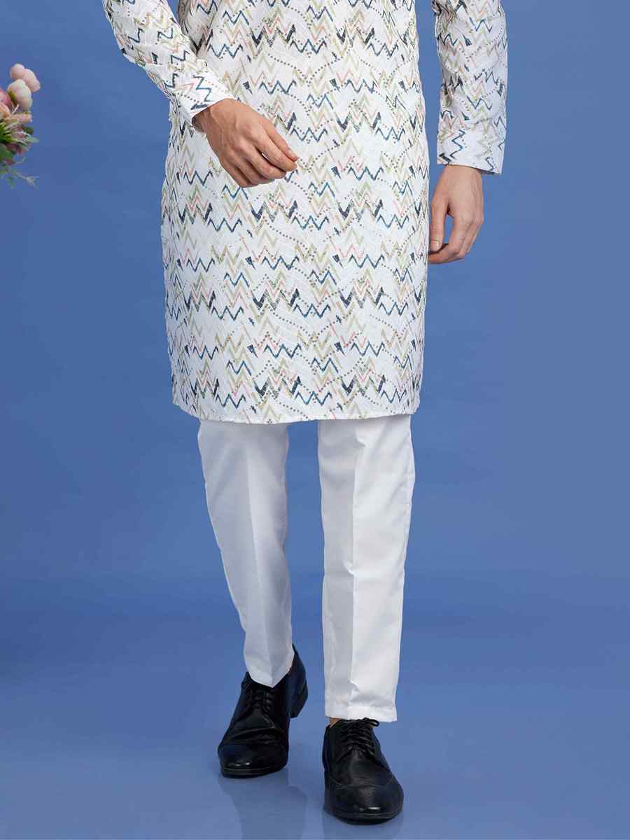 Multi Cotton Embroidered Festival Party Kurta