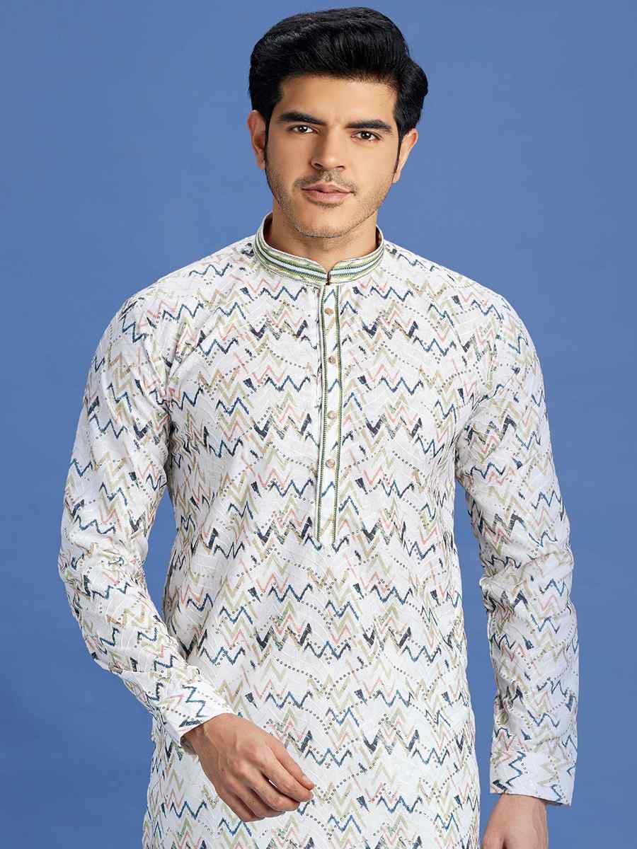 Multi Cotton Embroidered Festival Party Kurta