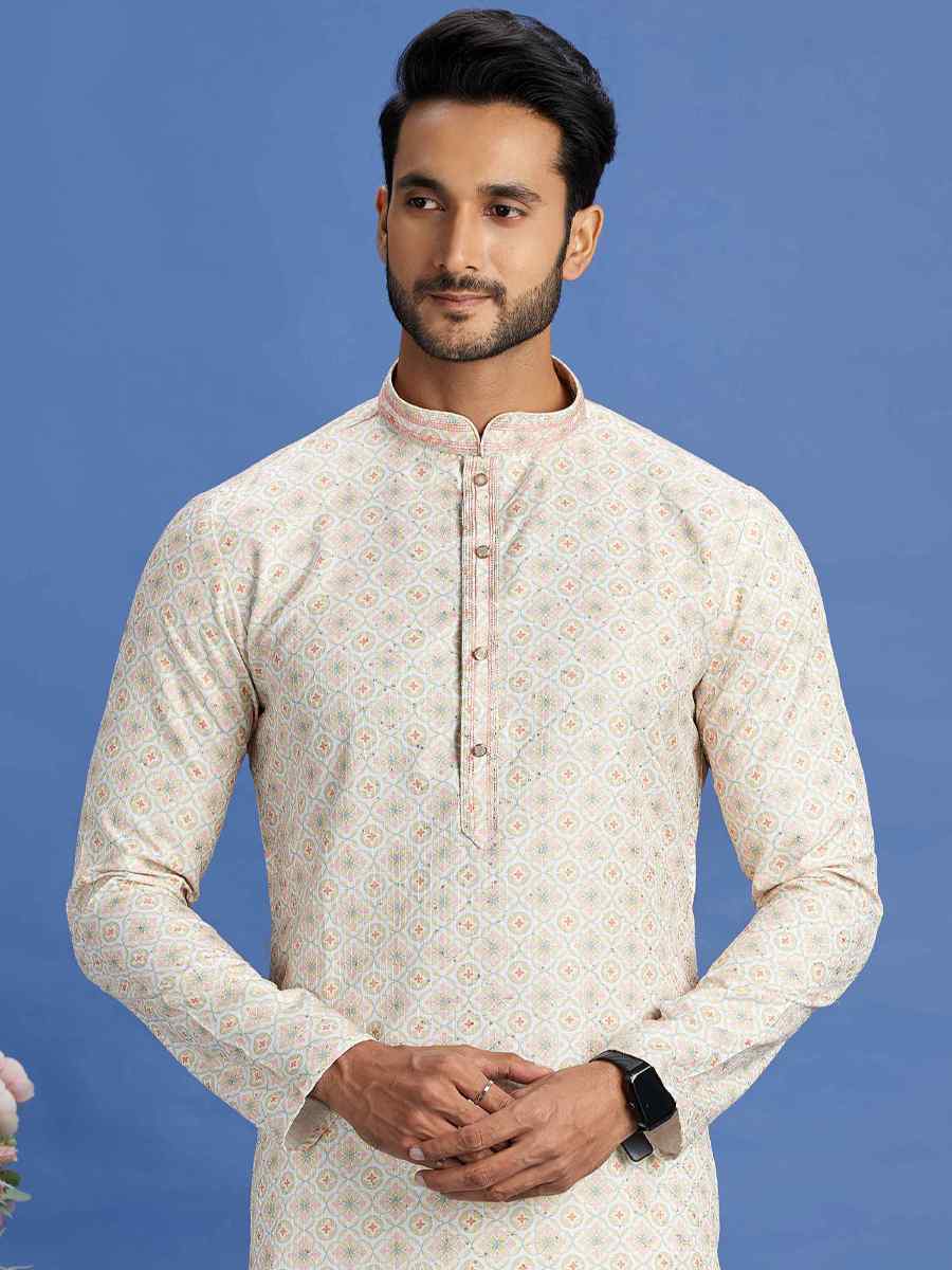 Multi Cotton Embroidered Festival Party Kurta