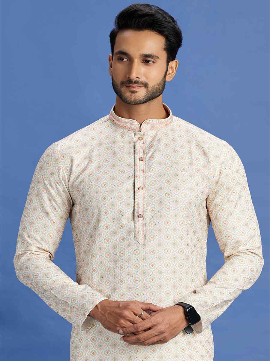 Multi Cotton Embroidered Festival Party Kurta