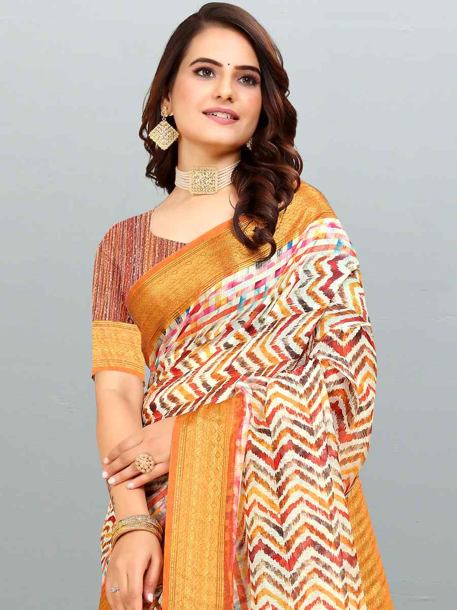 Multi Cotton Jacquard Printed Casual Festival Contemporary Saree