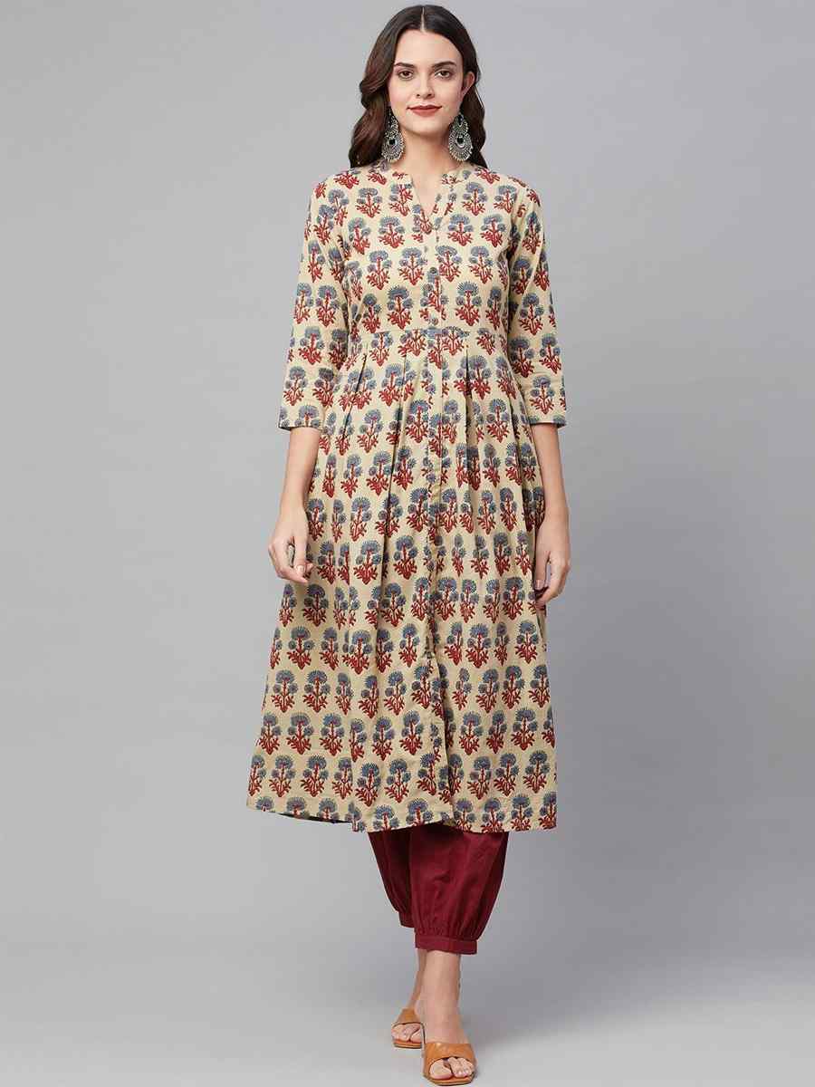 Multi Cotton Printed Festival Casual Kurti With Bottom