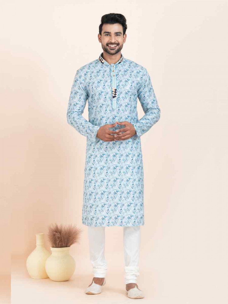 Multi Cotton Printed Festival Wedding Kurta Pyjama Men&#039;s Wear