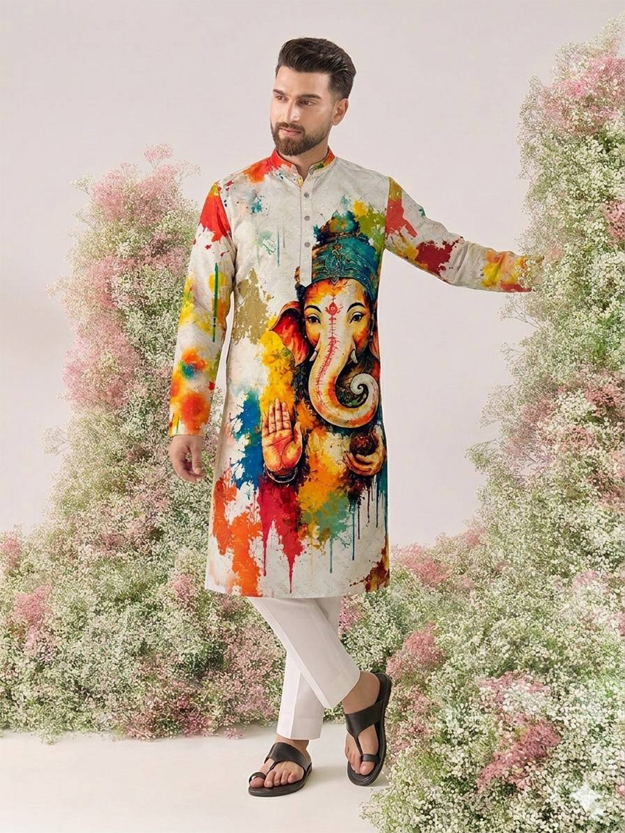 Multi Cotton Printed Wedding Party Festival Ready Men Kurta