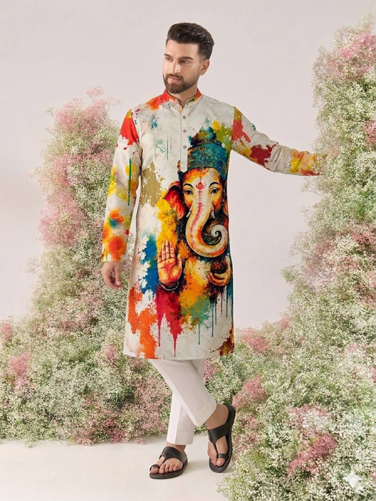 Image of Multi Cotton Printed Wedding Party Festival Ready Men Kurta