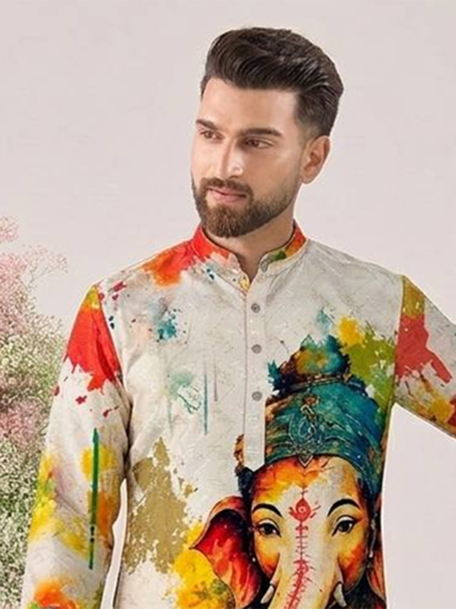 Multi Cotton Printed Wedding Party Festival Ready Men Kurta