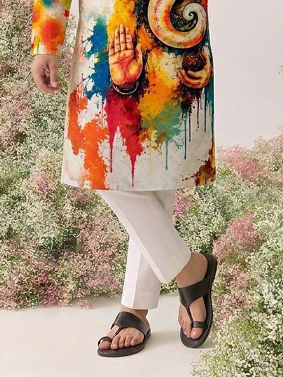 Multi Cotton Printed Wedding Party Festival Ready Men Kurta