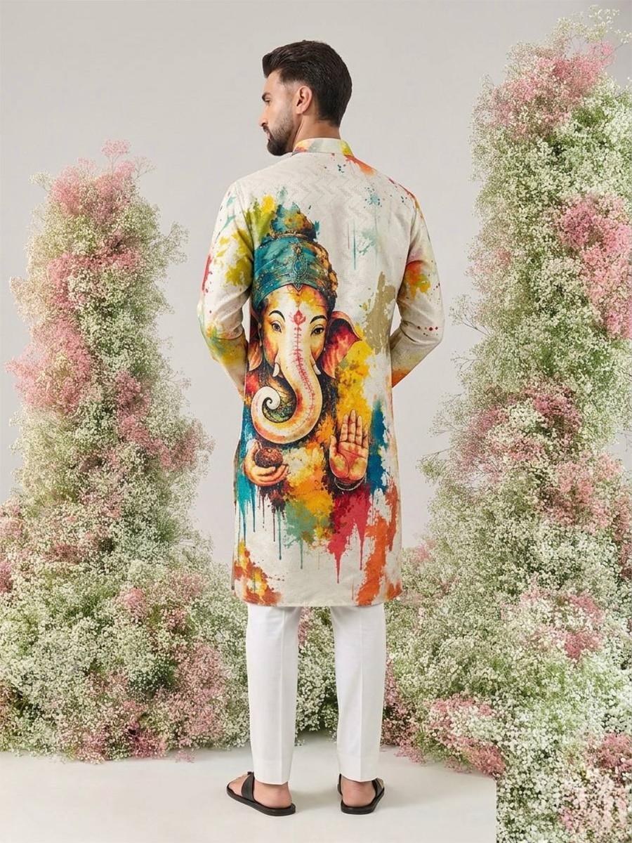 Multi Cotton Printed Wedding Party Festival Ready Men Kurta