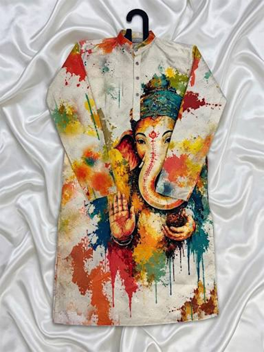 Multi Cotton Printed Wedding Party Festival Ready Men Kurta