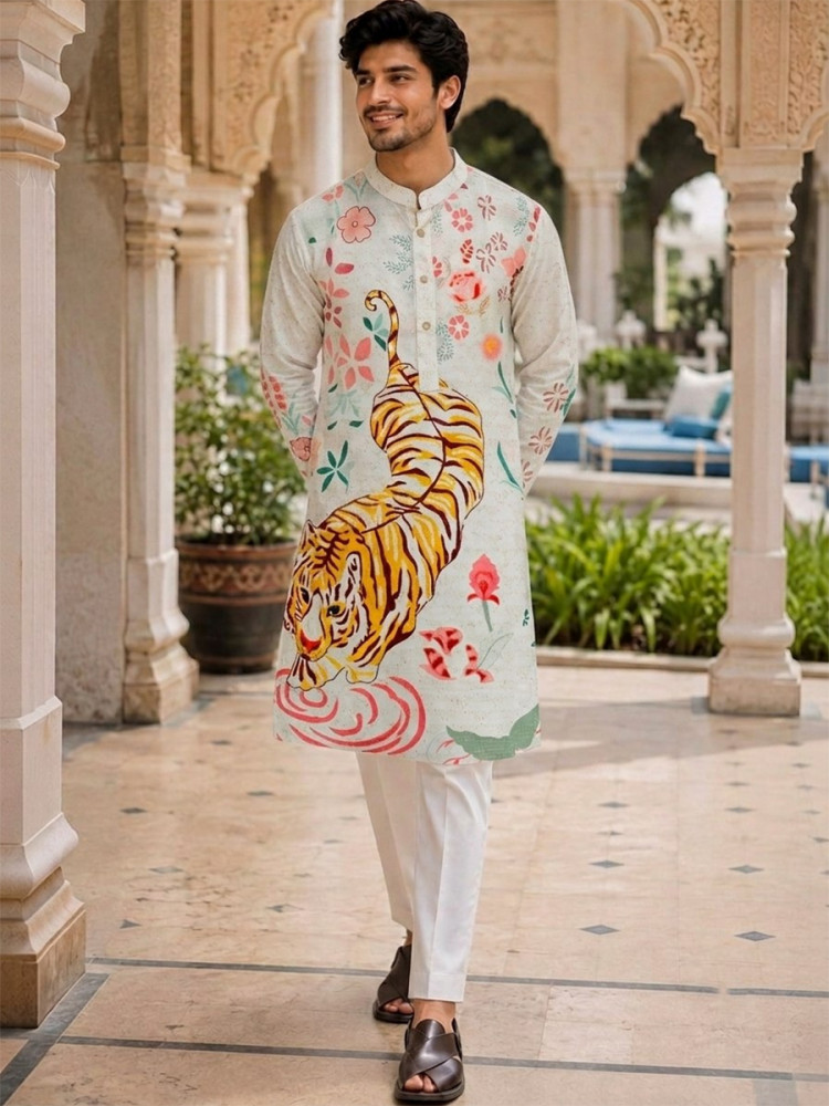 Image of Multi Cotton Printed Wedding Party Festival Ready Men Kurta