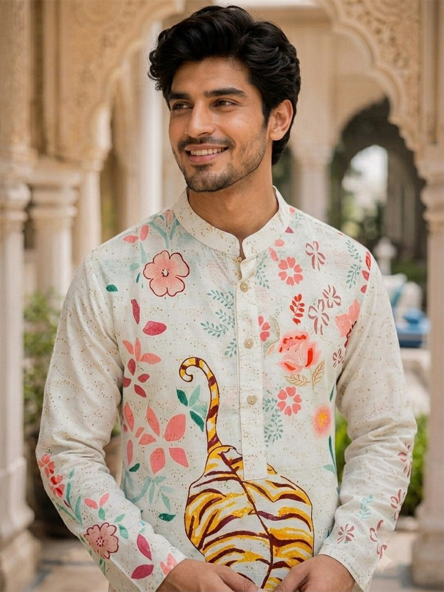 Multi Cotton Printed Wedding Party Festival Ready Men Kurta