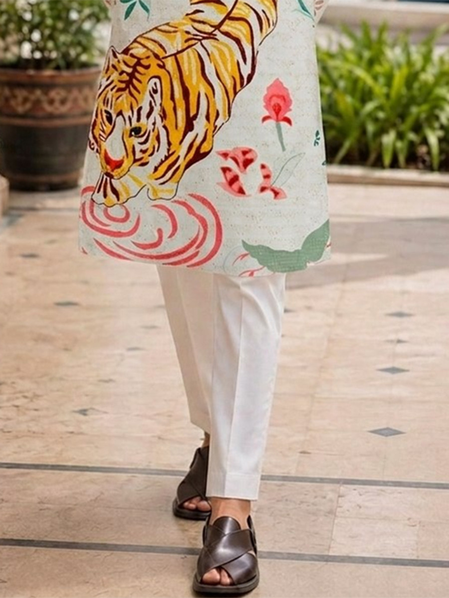 Multi Cotton Printed Wedding Party Festival Ready Men Kurta