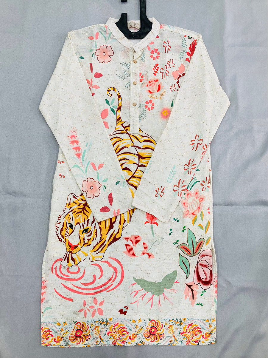 Multi Cotton Printed Wedding Party Festival Ready Men Kurta