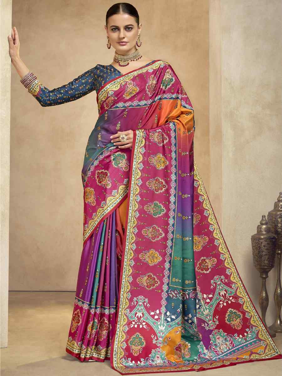 Multi Crepe Printed Casual Reception Festival Wedding Fancy Classic Style Sarees