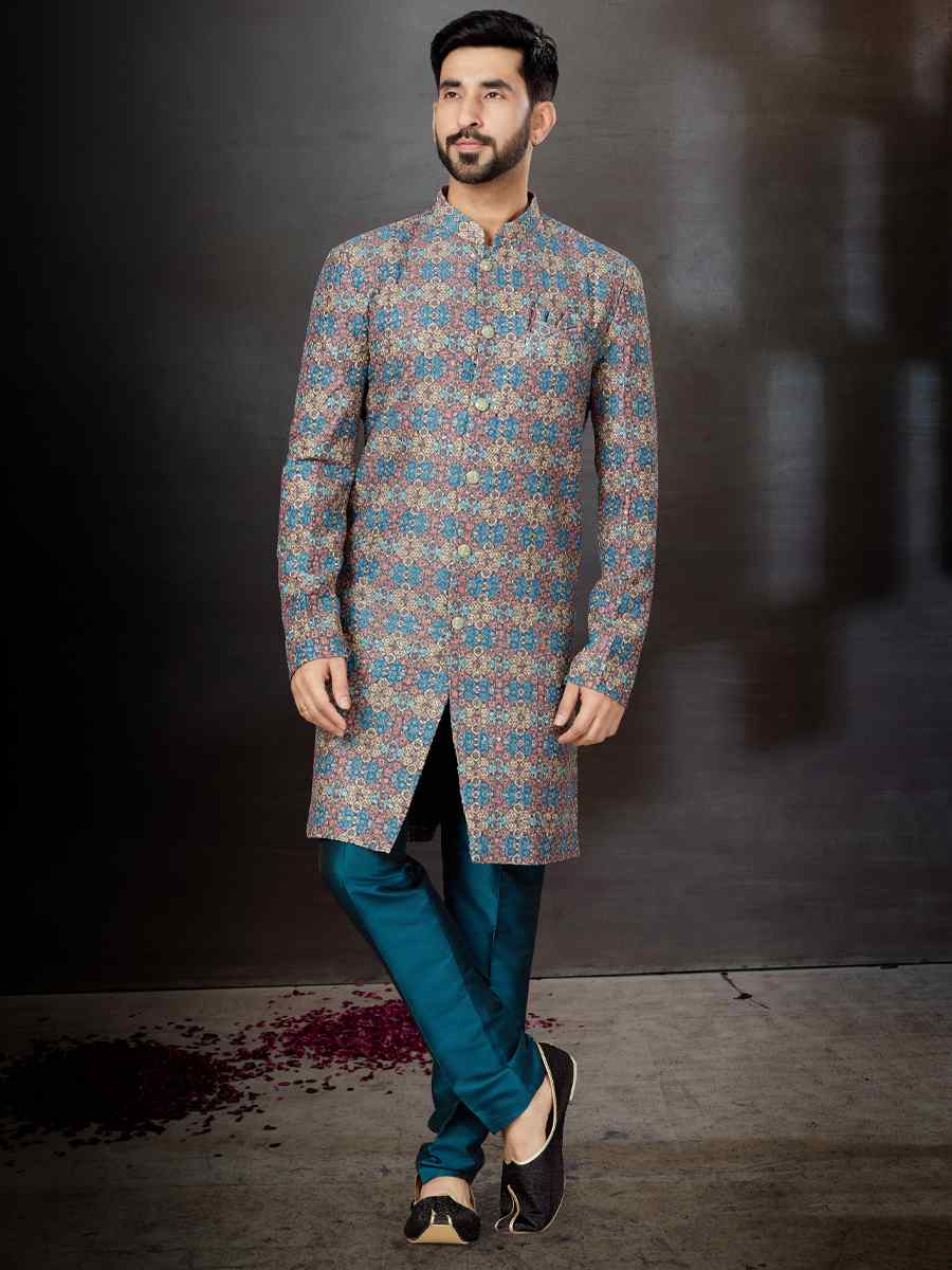 Multi Crosset Jacquard Embroidered Festival Wedding Sherwani