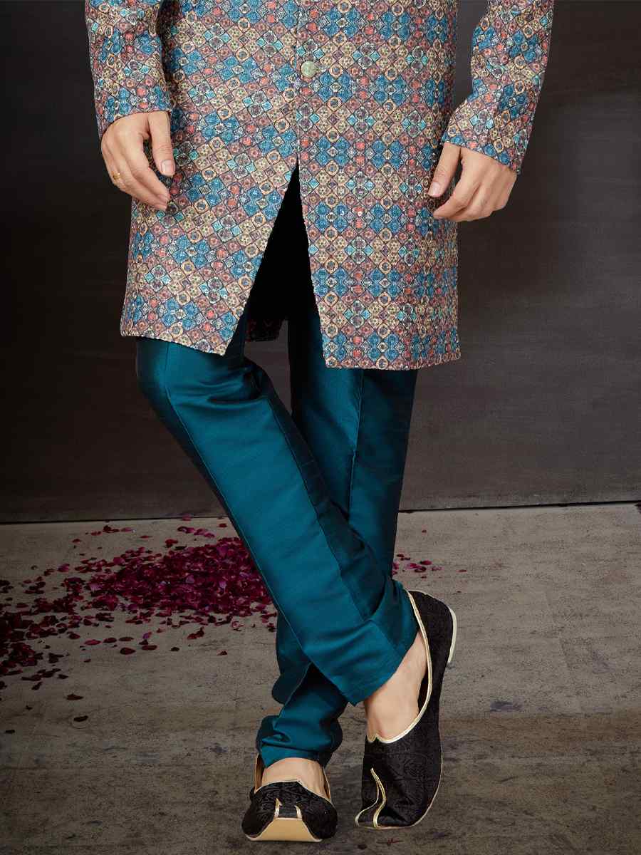 Multi Crosset Jacquard Embroidered Festival Wedding Sherwani
