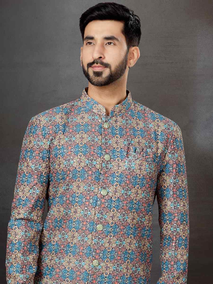 Multi Crosset Jacquard Embroidered Festival Wedding Sherwani