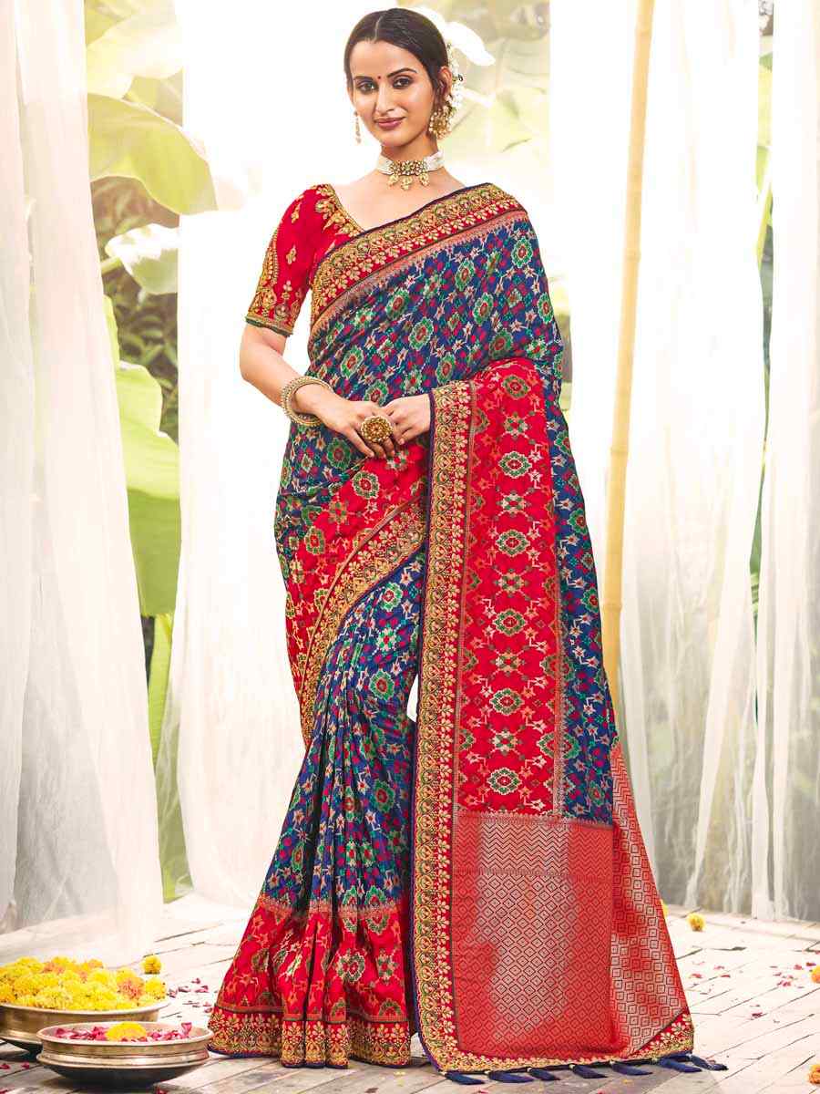 Multi Dola Silk Embroidered Wedding Festival Heavy Border Saree