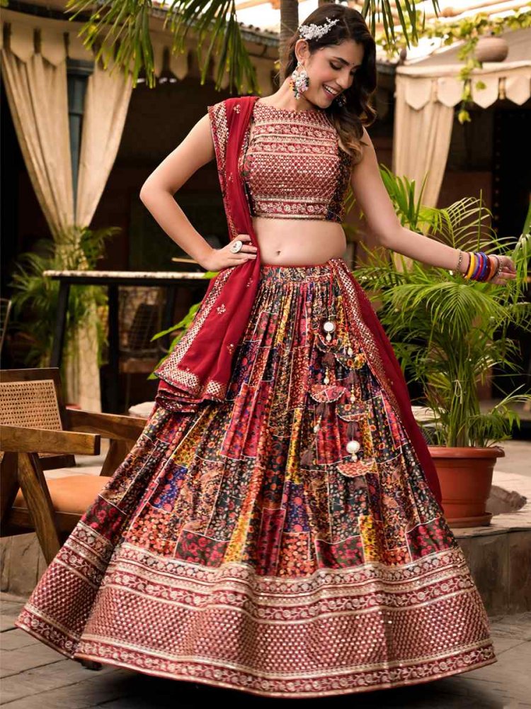 Multi Dull Satin Embroidered Mehendi Wedding Heavy Border Lehenga Choli