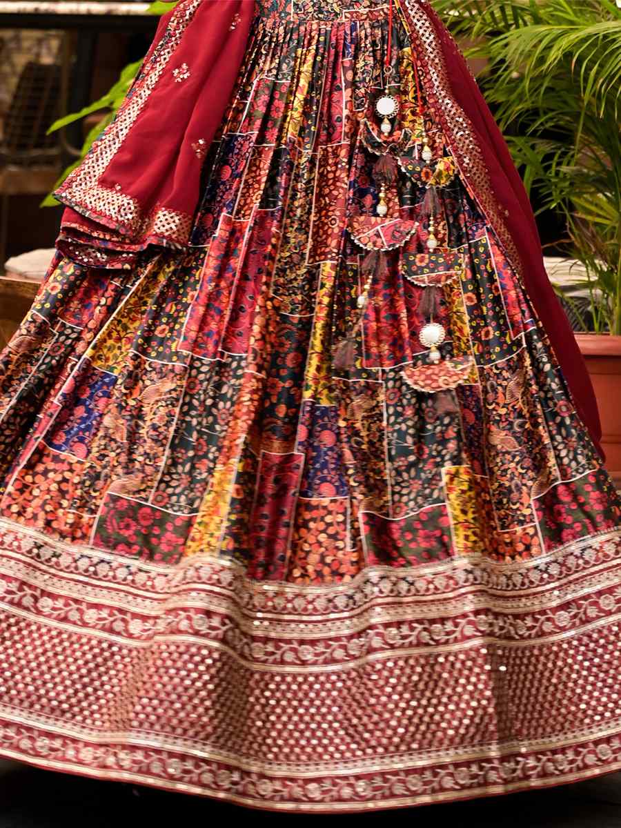 Multi Dull Satin Embroidered Mehendi Wedding Heavy Border Lehenga Choli
