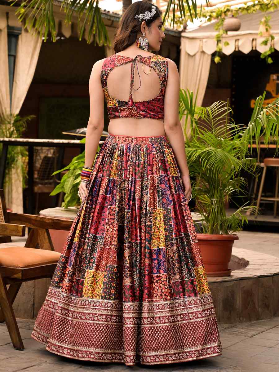 Multi Dull Satin Embroidered Mehendi Wedding Heavy Border Lehenga Choli