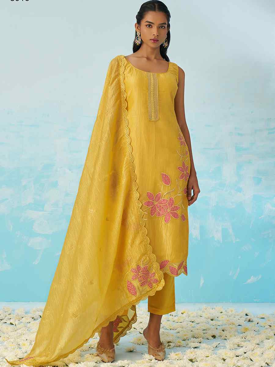 Multi Fancy Crush Silk Embroidered Festival Casual Ready Pant Salwar Kameez