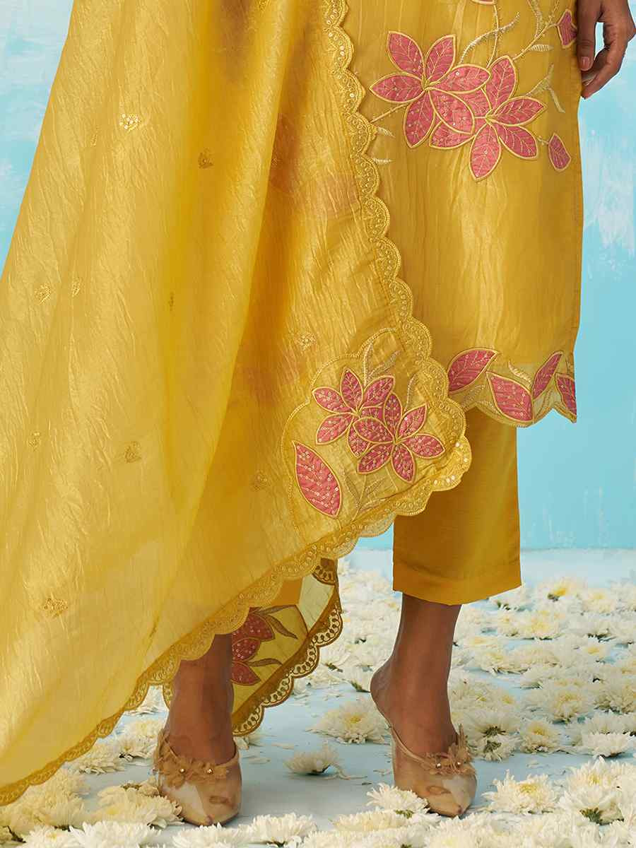 Multi Fancy Crush Silk Embroidered Festival Casual Ready Pant Salwar Kameez