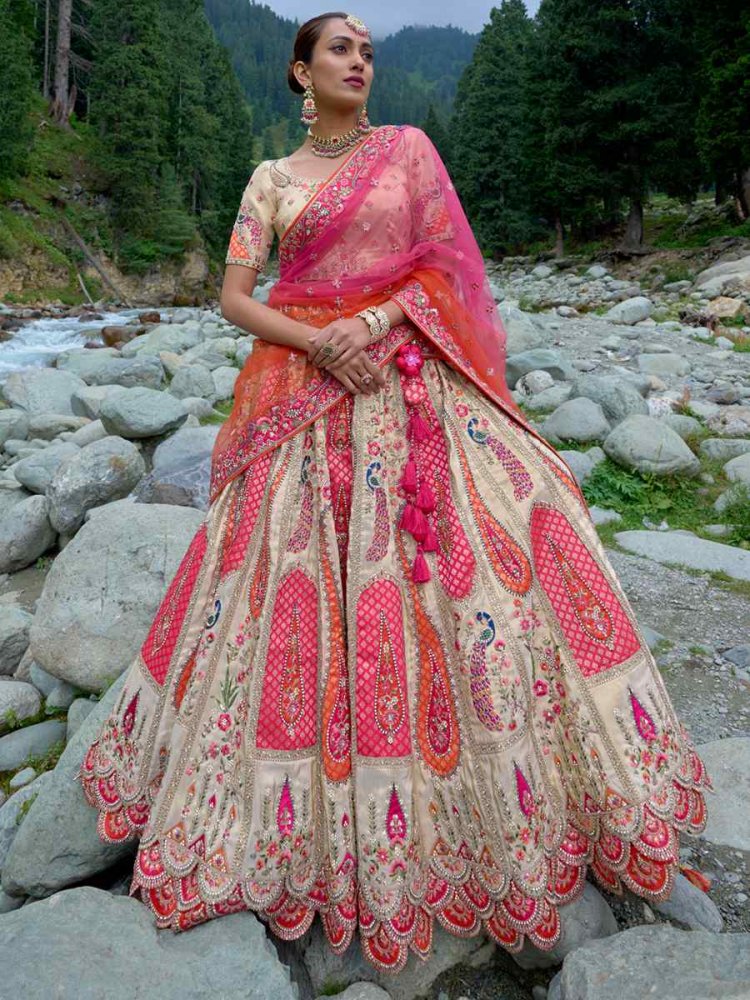Multi Fancy Silk Embroidered Bridal Reception Heavy Border Lehenga Choli