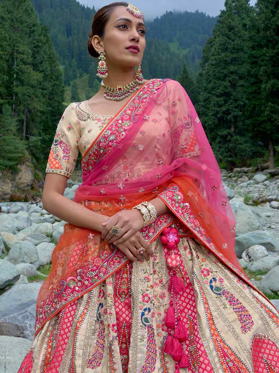 Multi Fancy Silk Embroidered Bridal Reception Heavy Border Lehenga Choli